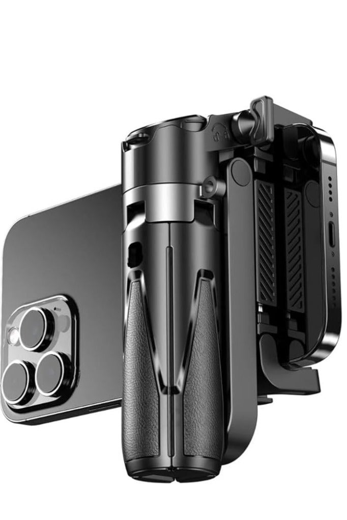 P15 Mini Grip Quadripod, 4-in-1 Selfie Stick with Ergonomic Mobile Grip, USB-C Bluetooth Remote, Dual Cold Shoe Mounts, 360° Rotatable Holder