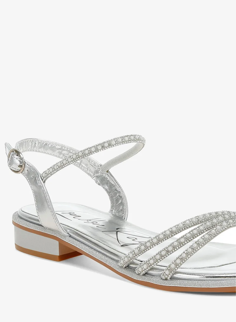 London Rag Silver Rhinestone Pearl Detail Flat Sandals Silver for Women | Best Price UAE