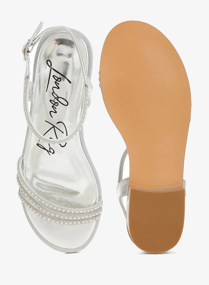 London Rag Silver Rhinestone Pearl Detail Flat Sandals Silver for Women | Best Price UAE