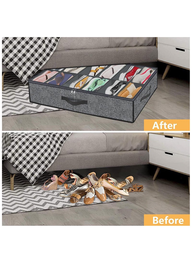 NNEWVANTE Large Shoe Organizer Under Bed Set of 2 (Fit 12+12 Pairs), Sturdy Underbed Shoe Storage Box Bin with Strong Zippers & Reinforced Handles, Organizador De Zapatos, Light Grey - Image 3