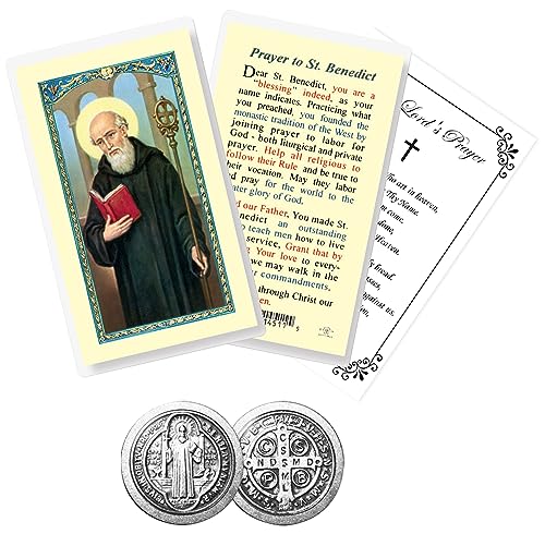 Trendzeen Laminated St Benedict Prayer Card - Saint Benedict Token, Lord's Prayer - Double Sided St Benedict Pocket Token Medal with Silver Finish - Patron Saint Of Protection Set of 3 Items - Image 1