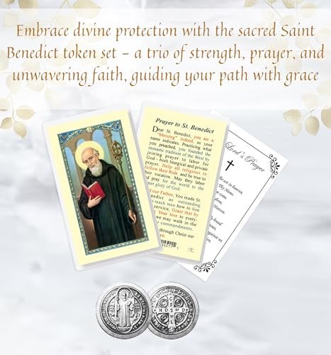 Trendzeen Laminated St Benedict Prayer Card - Saint Benedict Token, Lord's Prayer - Double Sided St Benedict Pocket Token Medal with Silver Finish - Patron Saint Of Protection Set of 3 Items - Image 2