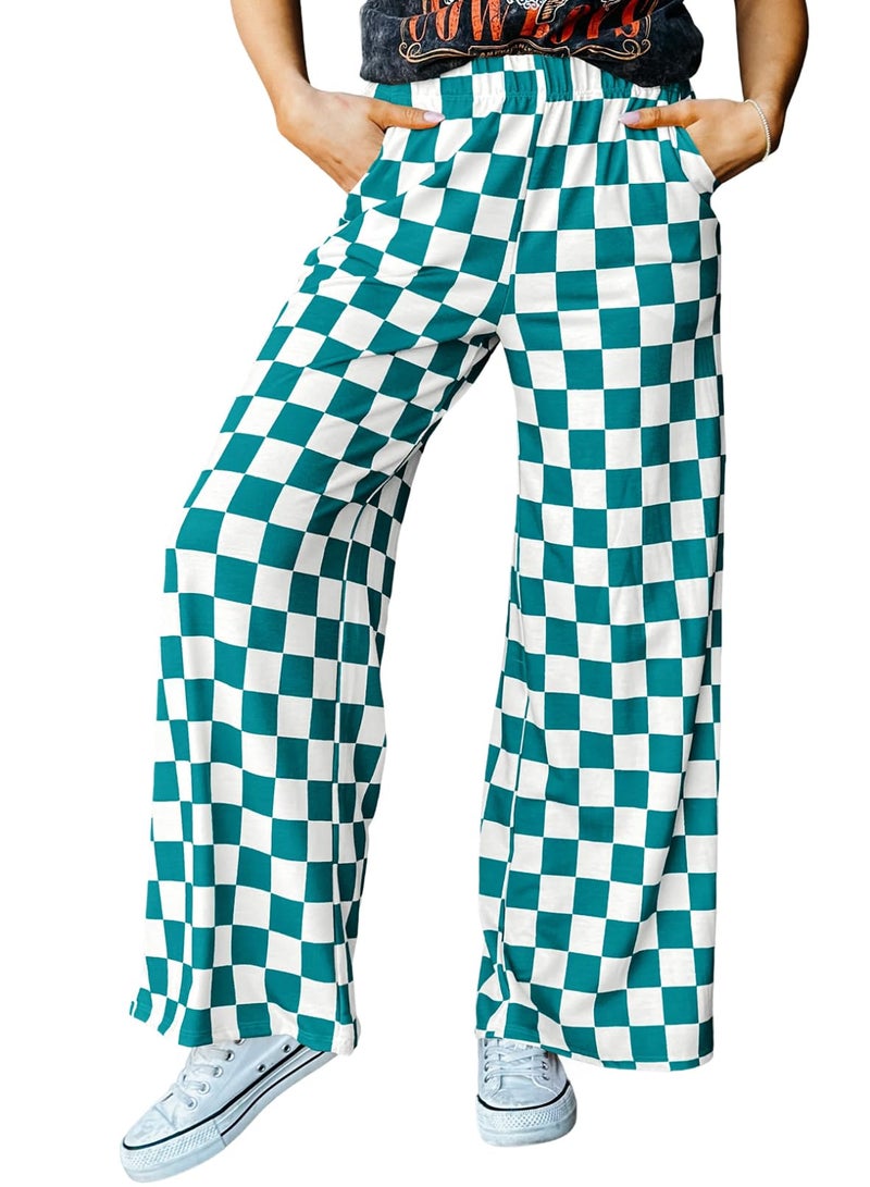 Acelitt Women's Casual Checkered Pants 2026 Spring Summer Lightweight Elastic Waist Comfy Loose Wide Leg Plaid Beach Pants Trousers Vacation Outfits Green XX-Large - Image 1