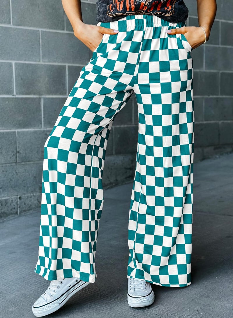 Acelitt Women's Casual Checkered Pants 2026 Spring Summer Lightweight Elastic Waist Comfy Loose Wide Leg Plaid Beach Pants Trousers Vacation Outfits Green XX-Large - Image 4