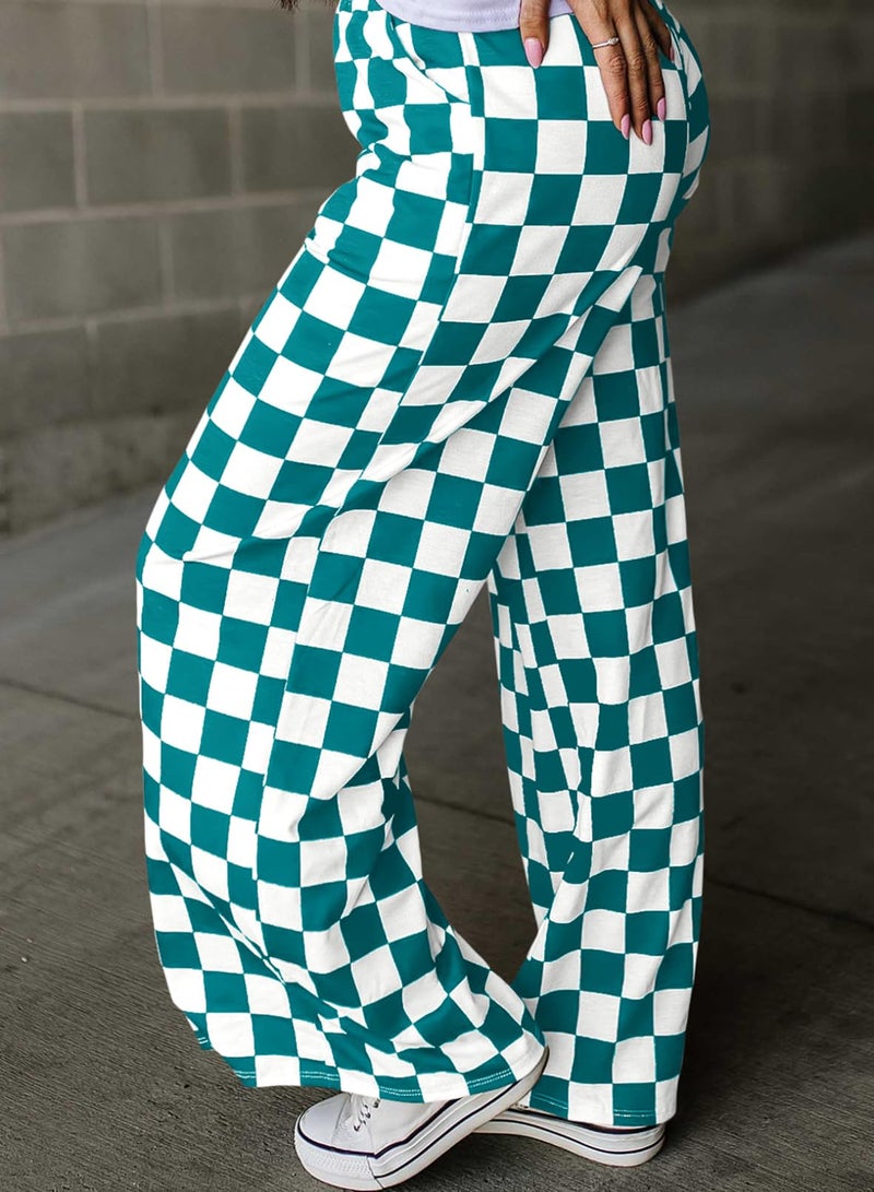 Acelitt Women's Casual Checkered Pants 2026 Spring Summer Lightweight Elastic Waist Comfy Loose Wide Leg Plaid Beach Pants Trousers Vacation Outfits Green XX-Large - Image 3
