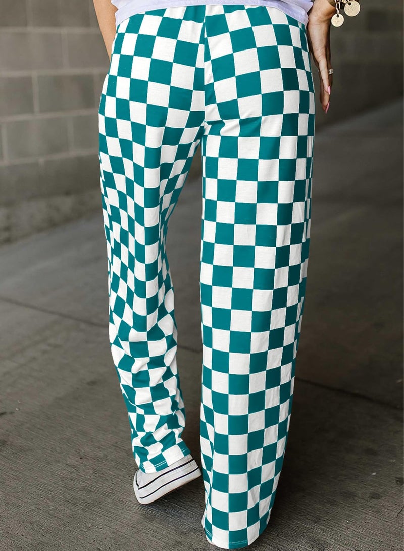 Acelitt Women's Casual Checkered Pants 2026 Spring Summer Lightweight Elastic Waist Comfy Loose Wide Leg Plaid Beach Pants Trousers Vacation Outfits Green XX-Large - Image 2