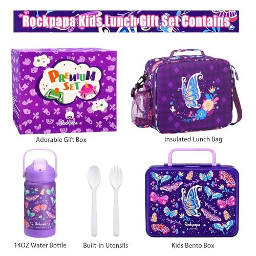 rockpapa Kids Lunch Box Set with 14oz Insulated Water Bottle & Lunch Bag, Leakproof 5.5 Cups Bento Box for School & Children, BPA-Free, Microwave Safe for Boys Girls (Purple Butterfly) - Image 2