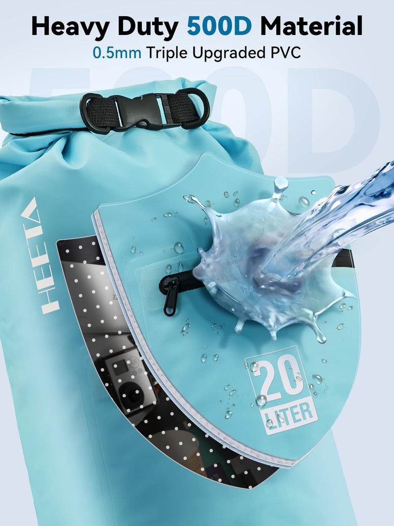 HEETA Waterproof Dry Bag with Front Zippered Pocket for Women Men, 5L/10L/20L/30L/40L Roll Top Lightweight Dry Storage Bag Backpack for Travel, Kayaking, Boating, Rafting, Camping, Beach (Blue, 10L) - Image 4