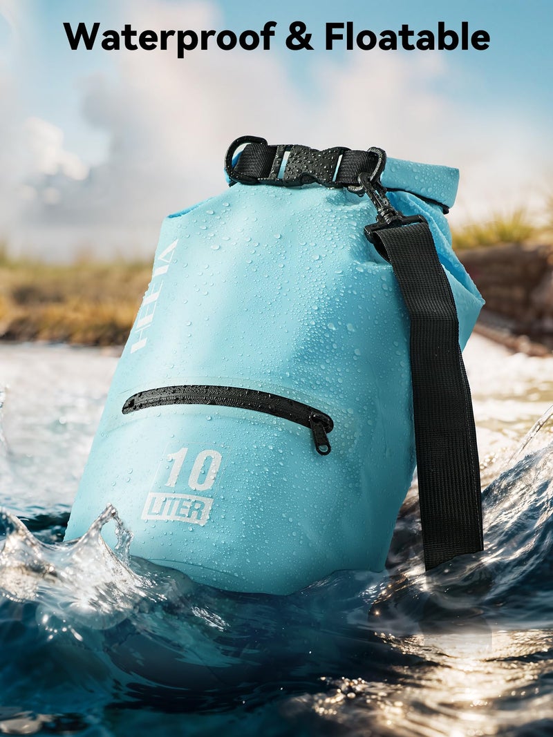 HEETA Waterproof Dry Bag with Front Zippered Pocket for Women Men, 5L/10L/20L/30L/40L Roll Top Lightweight Dry Storage Bag Backpack for Travel, Kayaking, Boating, Rafting, Camping, Beach (Blue, 10L) - Image 3