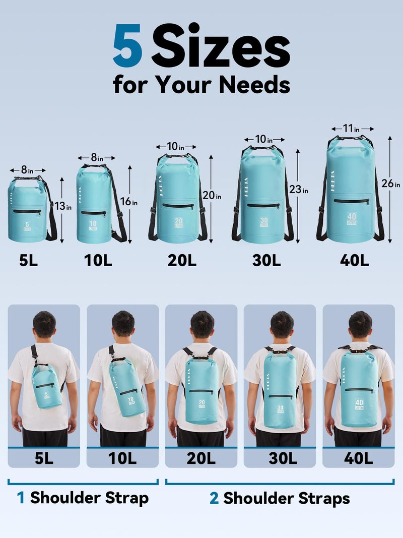 HEETA Waterproof Dry Bag with Front Zippered Pocket for Women Men, 5L/10L/20L/30L/40L Roll Top Lightweight Dry Storage Bag Backpack for Travel, Kayaking, Boating, Rafting, Camping, Beach (Blue, 10L) - Image 2