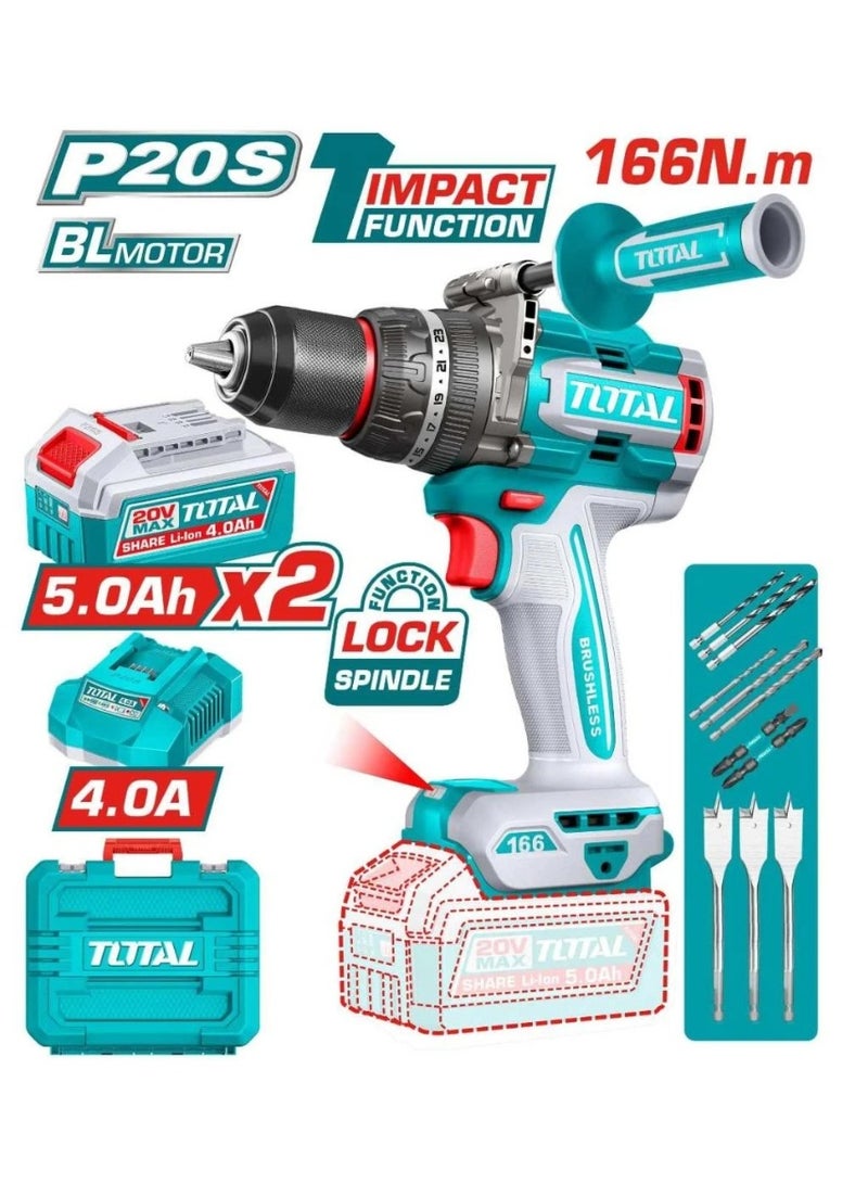 TOTAL 20V Cordless Hammer Drill, brushless,166 Nm torque, with 2 x 5Ah batteries, 4Ah charger, and accessories - Image 1