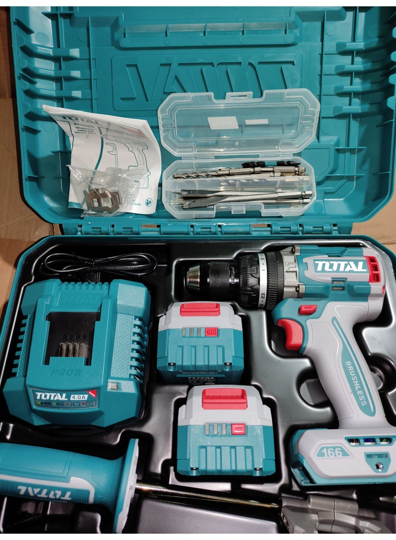TOTAL 20V Cordless Hammer Drill, brushless,166 Nm torque, with 2 x 5Ah batteries, 4Ah charger, and accessories - Image 2
