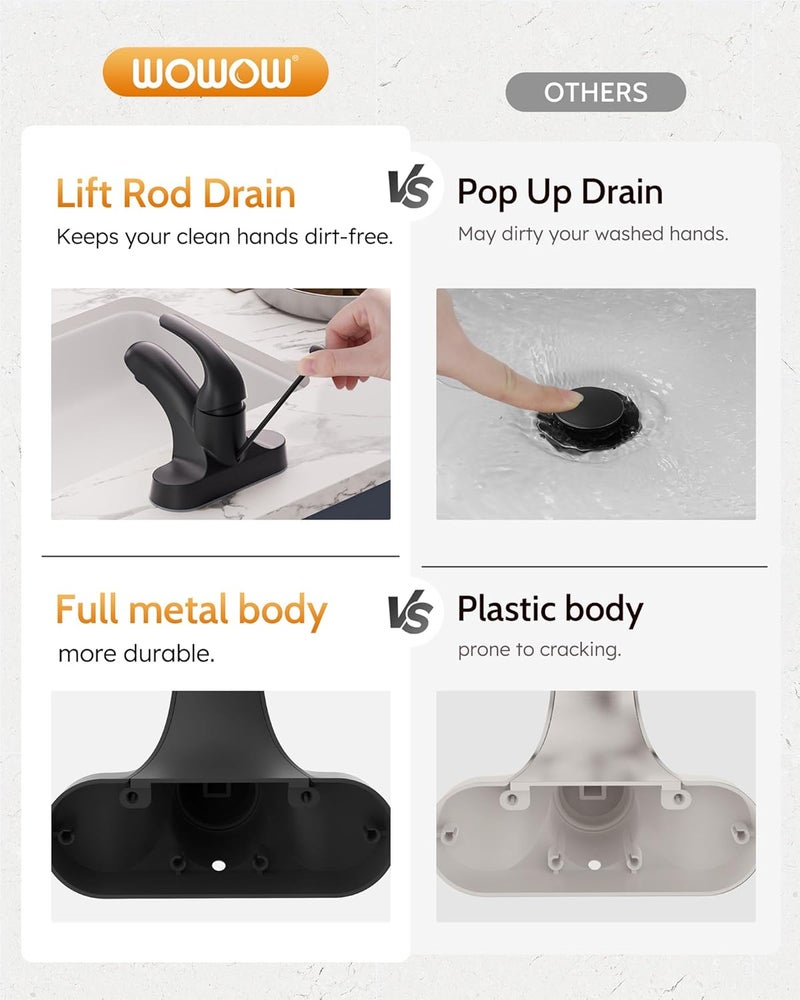 WOWOW Black Bathroom Faucet One Handle 4 inch Centerset Bathroom Faucets with Lift Rod Drain Assembly Sink Faucet Lavatory Faucet Matte Black Bathroom Faucets - Image 2