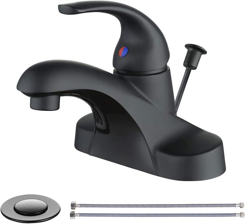 WOWOW Black Bathroom Faucet One Handle 4 inch Centerset Bathroom Faucets with Lift Rod Drain Assembly Sink Faucet Lavatory Faucet Matte Black Bathroom Faucets - Image 1