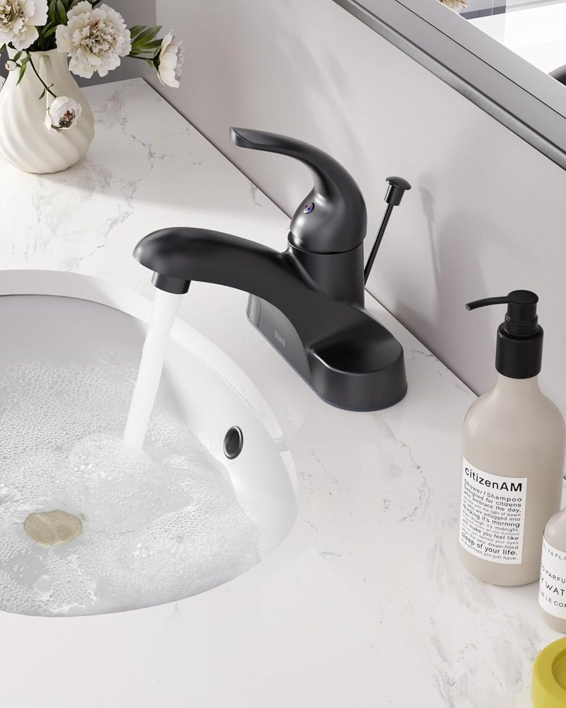 WOWOW Black Bathroom Faucet One Handle 4 inch Centerset Bathroom Faucets with Lift Rod Drain Assembly Sink Faucet Lavatory Faucet Matte Black Bathroom Faucets - Image 3