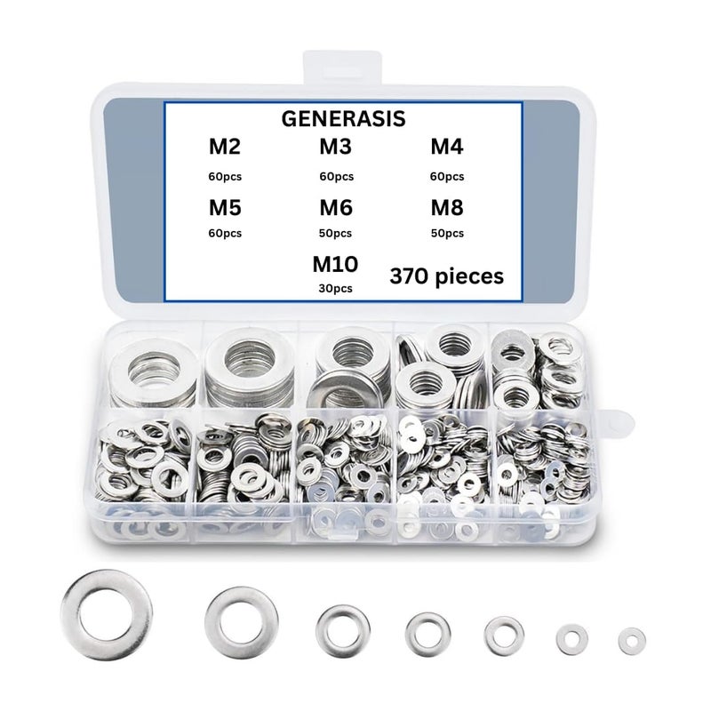 GENERASIS 7 أحجام | 370 قطعة | فولاذ مقاوم للصدأ من الدرجة SS304 | غسالات مسطحة عادية M2 M3 M4 M5 M6 M8 M10 للمسامير والصواميل | غسالات فيندر - Image 1