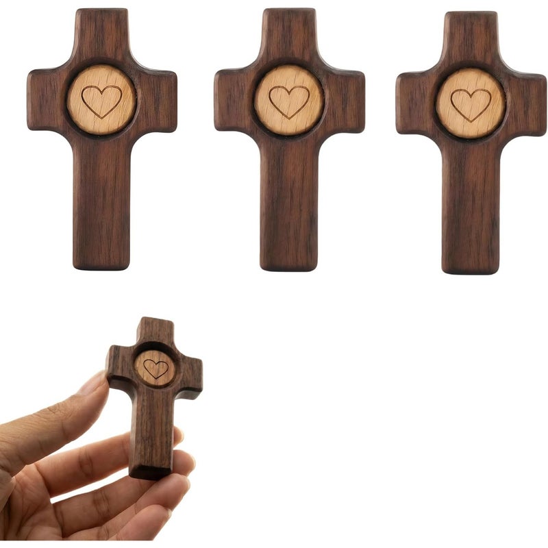 Walnut Wood Heart Pocket Prayer Set 3 Pack Stress Relief Christian Gift - Image 1