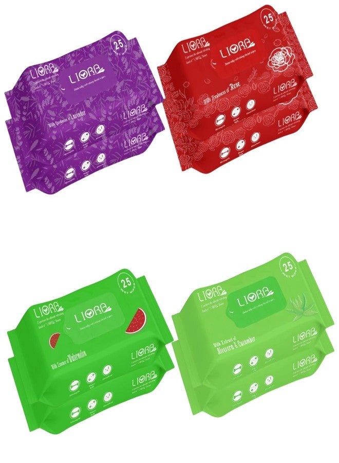 Liora Wet Wipes, Daily Cleansing Refreshing and Moisturizing Wet Facial Wipes - Rose, Lavender, Watermelon, Cucumber with Goodness of Aloevera, Antiacne (25 Count Each, Pack of 8) - Image 2