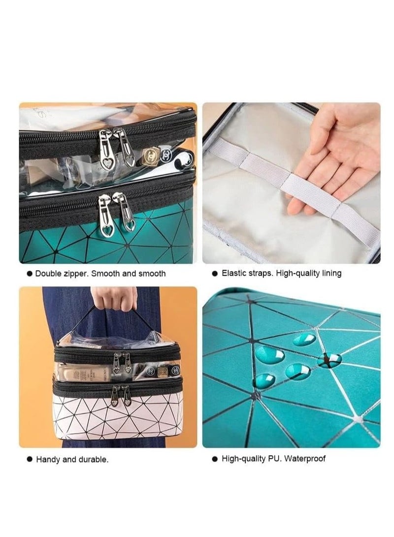 شنطة مكياج مزدوجة الطبقات لتنظيم المكياج ومستحضرات التجميل والعناية مناسبة للسفر (بينك)، - Image 5