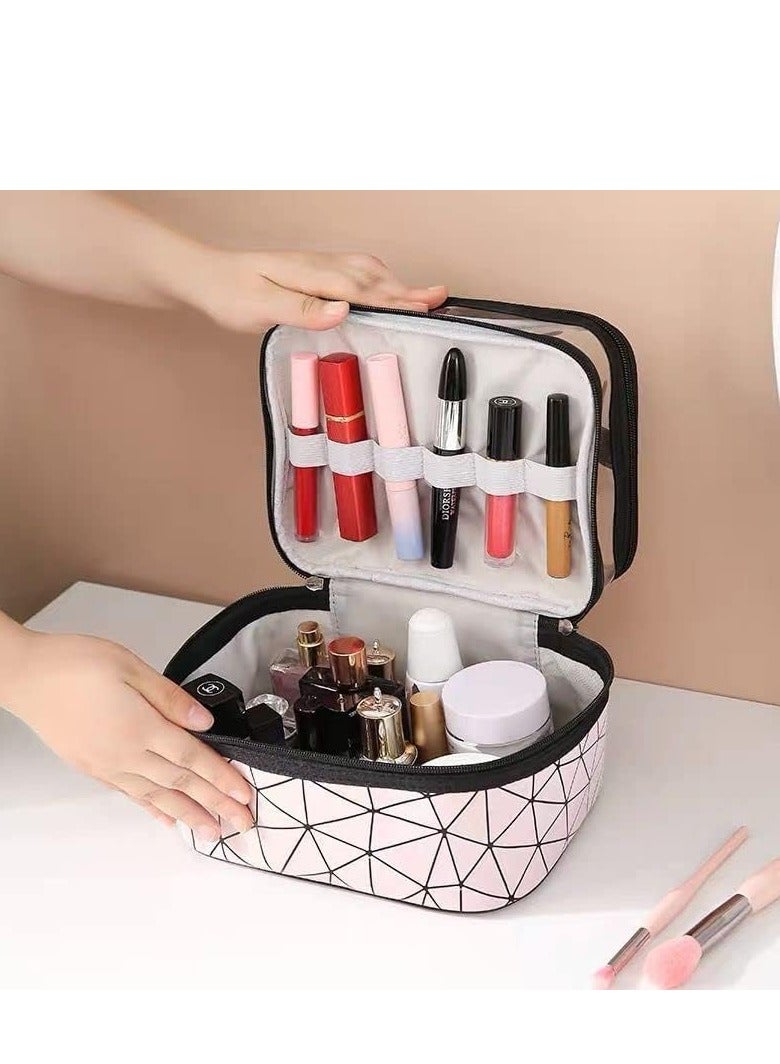شنطة مكياج مزدوجة الطبقات لتنظيم المكياج ومستحضرات التجميل والعناية مناسبة للسفر (بينك)، - Image 3
