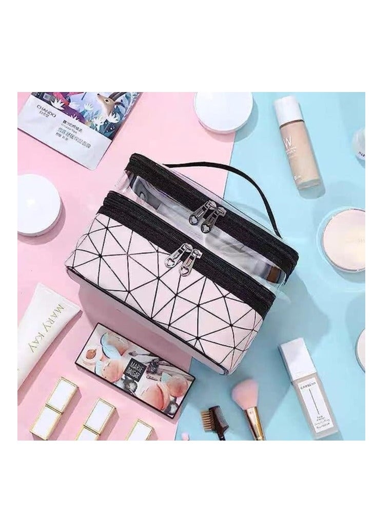 شنطة مكياج مزدوجة الطبقات لتنظيم المكياج ومستحضرات التجميل والعناية مناسبة للسفر (بينك)، - Image 2