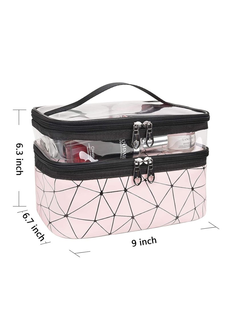 شنطة مكياج مزدوجة الطبقات لتنظيم المكياج ومستحضرات التجميل والعناية مناسبة للسفر (بينك)، - Image 1