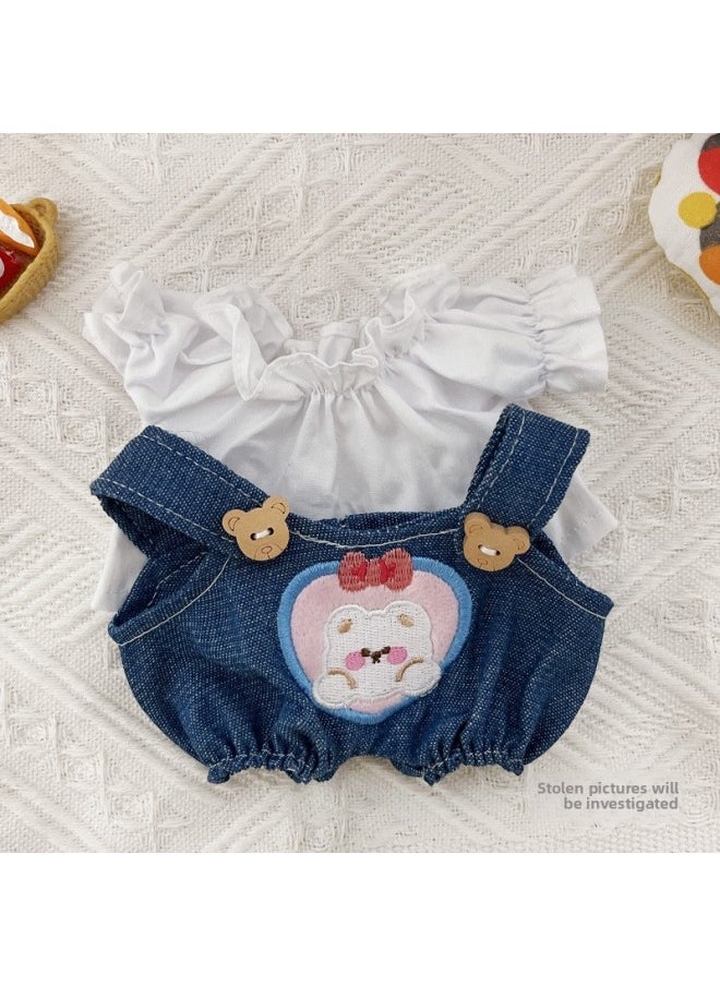 Generic - Cute Expression Bear Strap Pants 20cm Suit 20cm Doll Cotton Doll Body Chubby Body Dress-Specifications:20cm-Color:White Shirt + Confession Overalls - Image 1