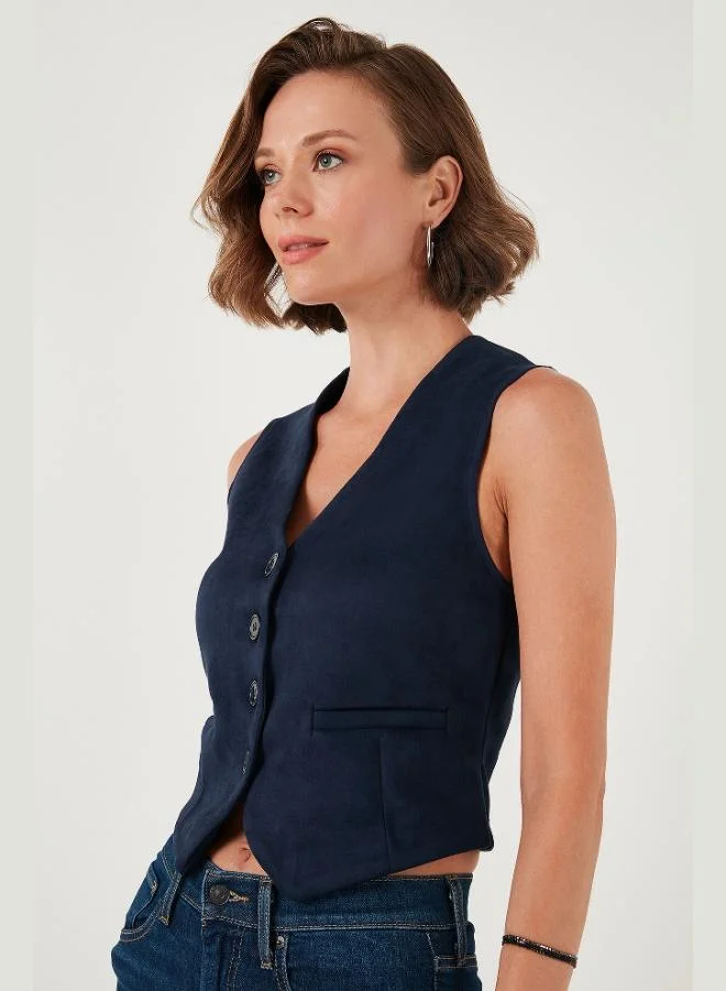 Lela  Lela Fitted Scuba Suede V-Neck Buttoned Vest Women's VEST 5865576 for Women | Best Price UAE