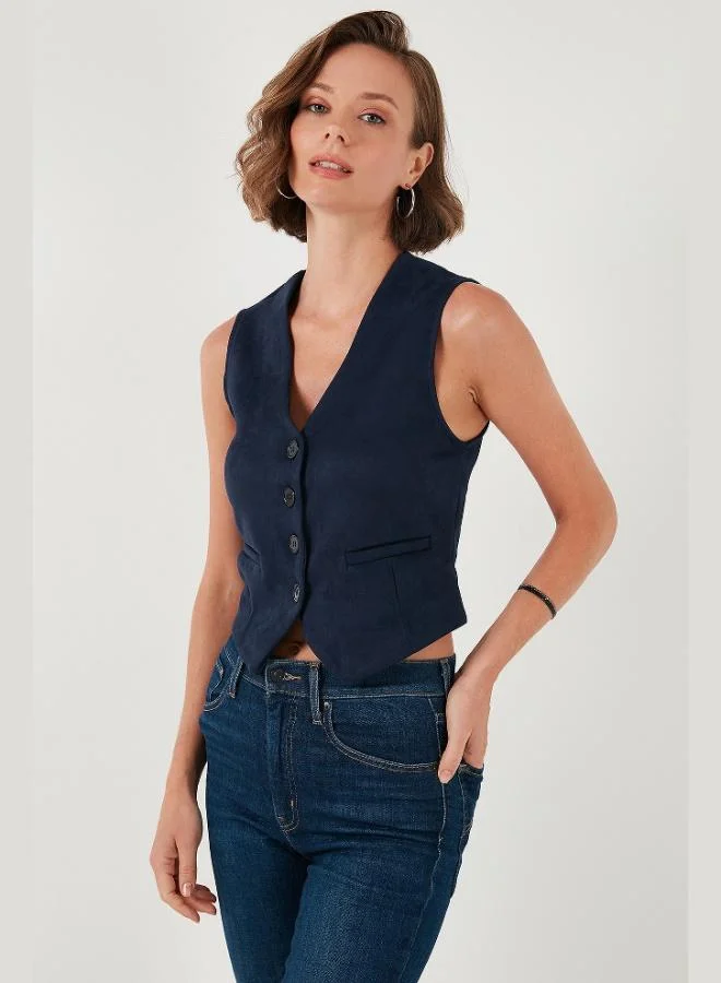 Lela  Lela Fitted Scuba Suede V-Neck Buttoned Vest Women's VEST 5865576 for Women | Best Price UAE