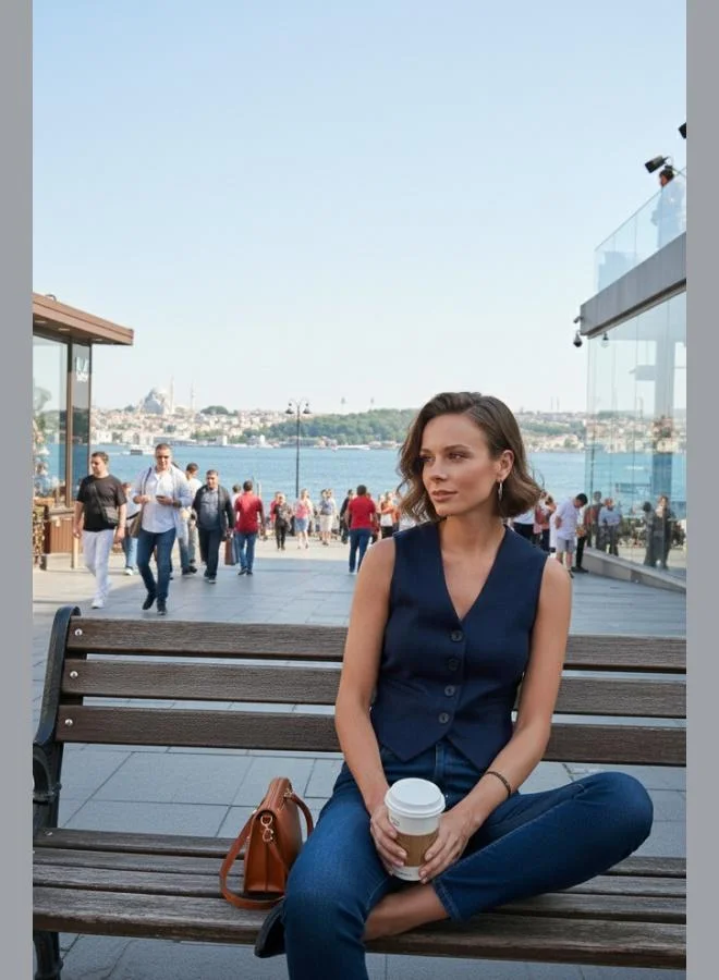 ليلا ليلا سترة بدون أكمام نسائية من جلد السويد بقصة ضيقة وياقة على شكل حرف  وأزرار