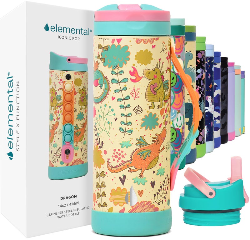 Elemental Iconic Kids Water Bottle for School - 100% Leak-Proof Insulated Water Bottles with Straw Lid & Pop-It Handle for Boys & Girls - Triple-Wall Insulated & BPA-Free, 14oz â€“ Dragon - Image 1