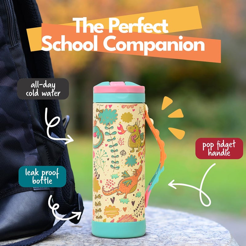 Elemental Iconic Kids Water Bottle for School - 100% Leak-Proof Insulated Water Bottles with Straw Lid & Pop-It Handle for Boys & Girls - Triple-Wall Insulated & BPA-Free, 14oz â€“ Dragon - Image 2