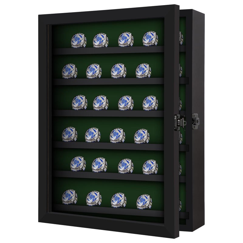 Grintus Grintus Ring Display Case  30 Posts Baseball Wooden Shadow Box Lockable Door Multiple Sports Rings Black 