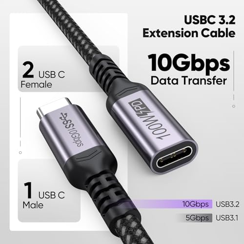 DteeDck USB C Extension Cable 6ft 2 Pack, USB3.2 Gen2 Extender Male to Female Full Function 10Gbps Data Transfer/ 4K@60Hz Video/ 100W Charging, Type C Cord for Monitor Laptop Tablet Phone Dock Hub and more - Image 3