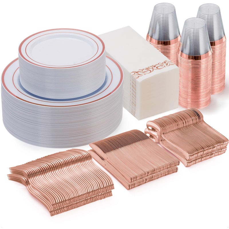 Goodluck 350 Piece Rose Gold Dinnerware Set for 50 Guests  Disposable Plastic Plates Paper Napkins Cups Silverware for Party