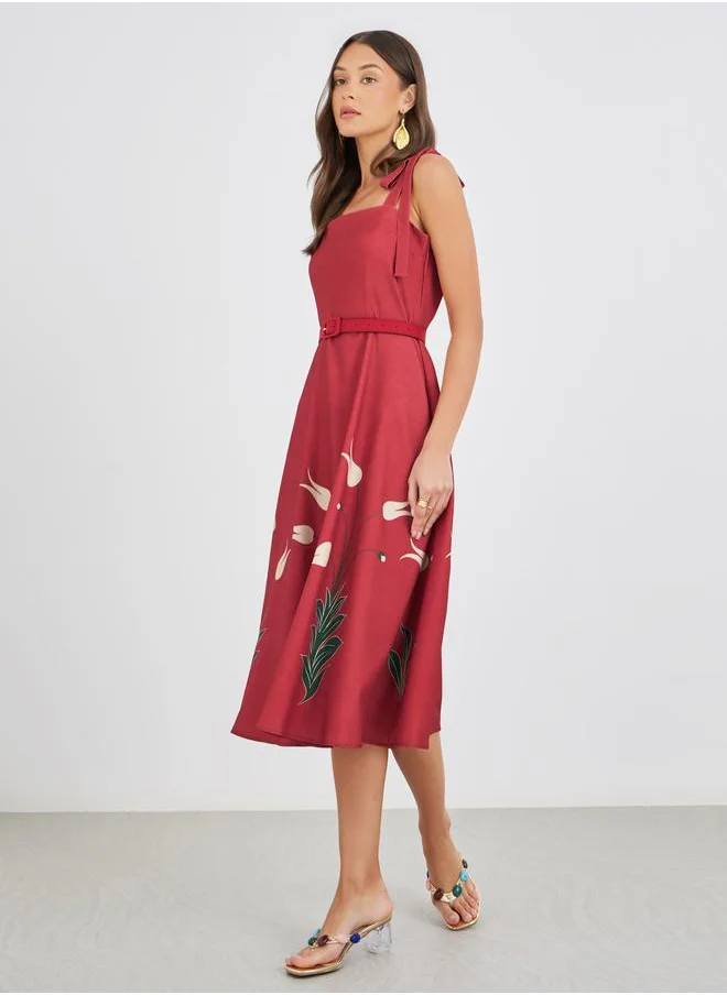 ستايلي Styli Floral Print Strappy A-Line Midi Dress with Fabric Belt