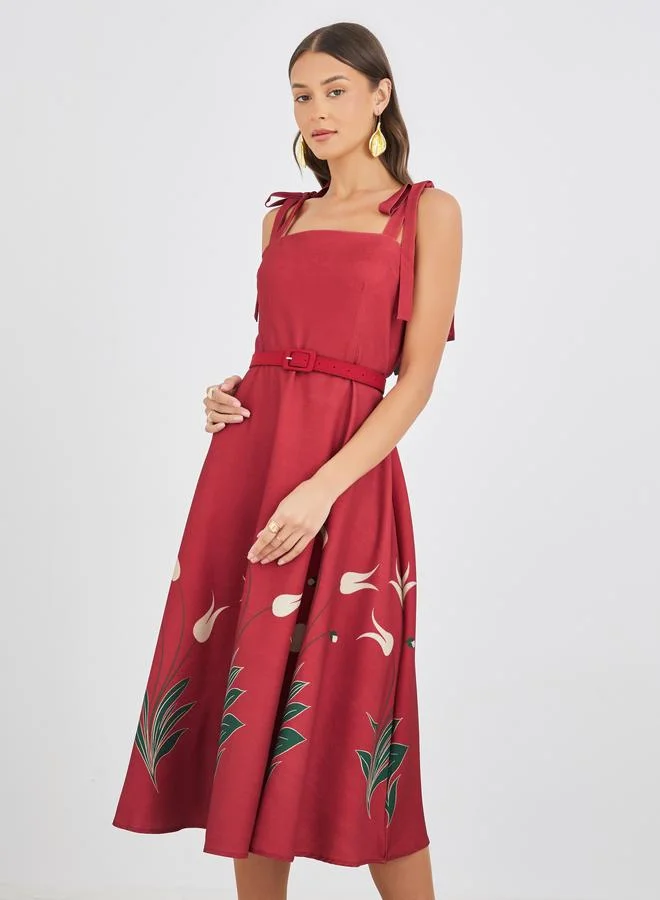 Styli Styli Floral Print Strappy A-Line Midi Dress with Fabric Belt