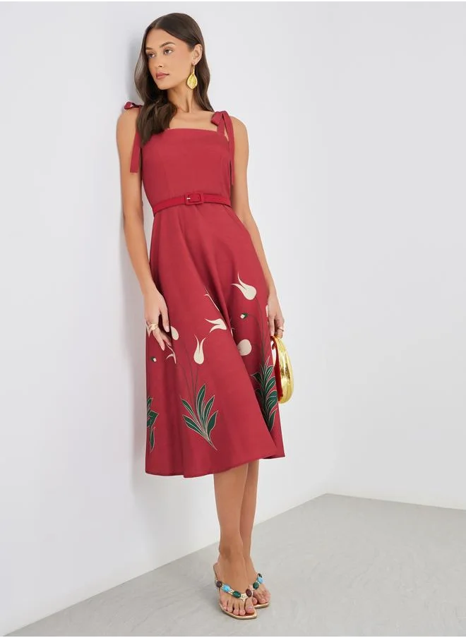 ستايلي Styli Floral Print Strappy A-Line Midi Dress with Fabric Belt