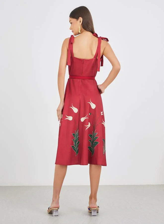 Styli Styli Floral Print Strappy A-Line Midi Dress with Fabric Belt