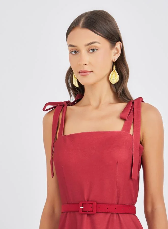 Styli Styli Floral Print Strappy A-Line Midi Dress with Fabric Belt