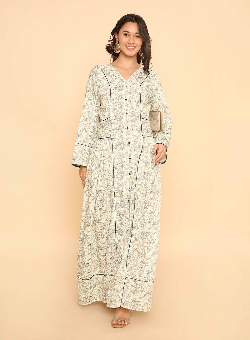 HANA & SARA Elegant pale beige printed arabic jalabiya dress for womens - Image 1