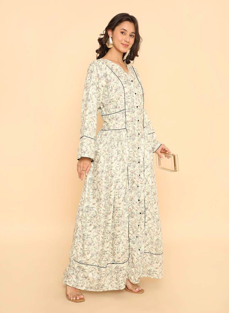 HANA & SARA Elegant pale beige printed arabic jalabiya dress for womens - Image 4