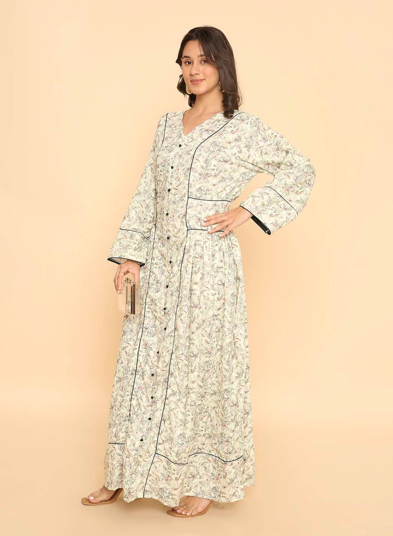HANA & SARA Elegant pale beige printed arabic jalabiya dress for womens - Image 5