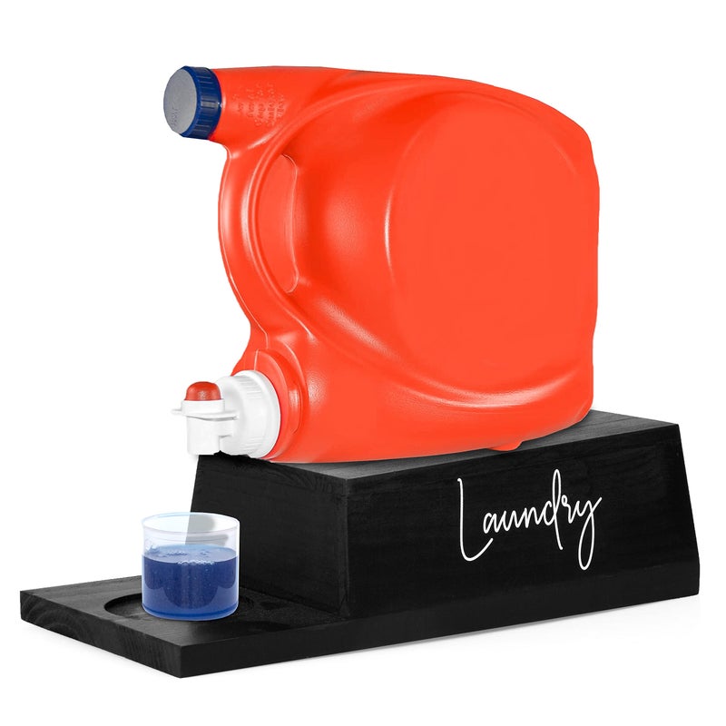 Ilyapa Wooden Laundry Pedestal Detergent Holder for Fabric Softeners Accessories for Laundry Room Black Soap Holder Detergent Dispenser Stand with Drip Catcher