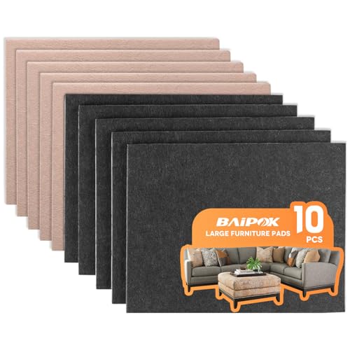 BAIPOK Felt Furniture Pads 10pcs 8" x 6" Adhesive Large Felt Pads, Cuttable Chair Leg Pads, Hardwood Floor Protectors for Furniture (Black 5 Pcs + Beige 5 Pcs) - Image 1