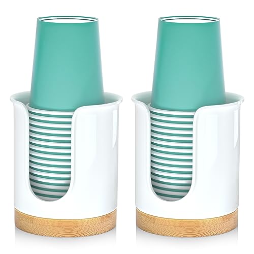 BYAWAY 2 Pack Bathroom Cup Dispenser - Small Cup Holder and Mouthwash Cups Holder for 3 Oz Countertop - Convenient Paper Cup Dispenser - Bamboo Wood Base Bathroom Cup Holder（White） - Image 1