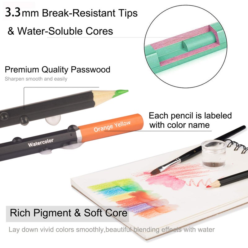 KALOUR Professional Watercolor Pencils with 2 Brush - 72 Colors - Beautiful Blending Effects with Wet or Dry - Ideal for Coloring Book - Water Soluble Pencils for Adults Beginners - Image 2