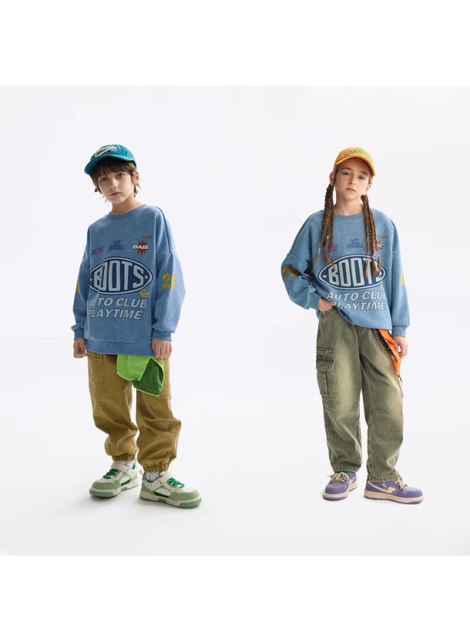 Mqd Boys' Autumn New Style Children's Round Neck Street Fashion Loose Drop-shoulder Sweatshirt For Older Kids, Light Denim Blue, Size 150 - Image 2