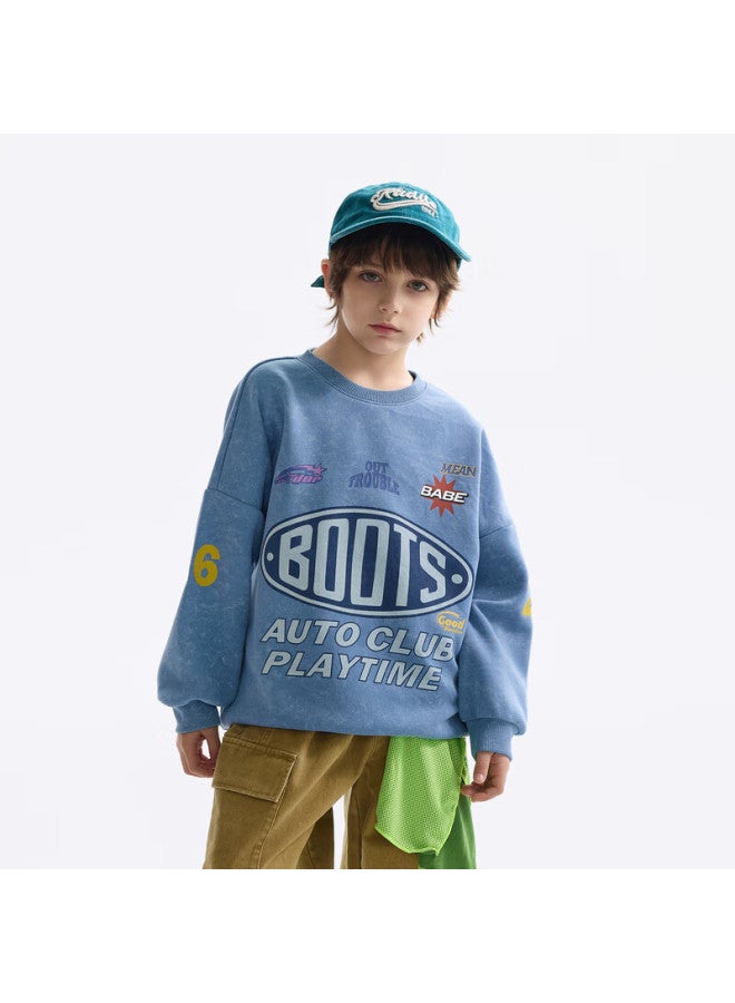 Mqd Boys' Autumn New Style Children's Round Neck Street Fashion Loose Drop-shoulder Sweatshirt For Older Kids, Light Denim Blue, Size 150 - Image 3