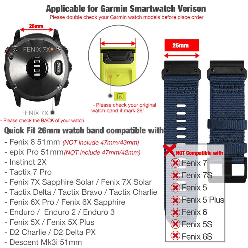 Abanen Rugged Nylon Watch Bands for Garmin Fenix 8 51mm / Fenix 7X / Enduro/Instinct 2X, Adjustable Sports Wrist Strap with Stainless Steel Clasp for Fenix 6X /5X,Tactix 7 Pro, epix Pro 51mm - Image 2